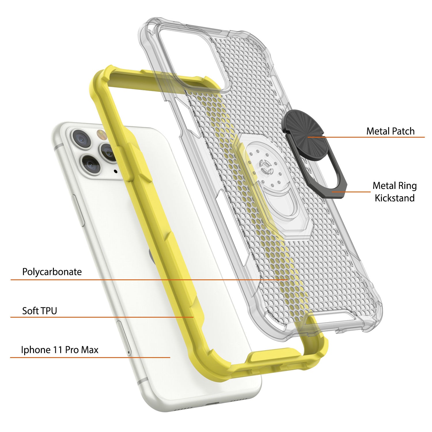 PunkCase for iPhone 11 Pro Max Case [Magnetix 2.0 Series] Clear Protective TPU Cover W/Kickstand [Yellow]