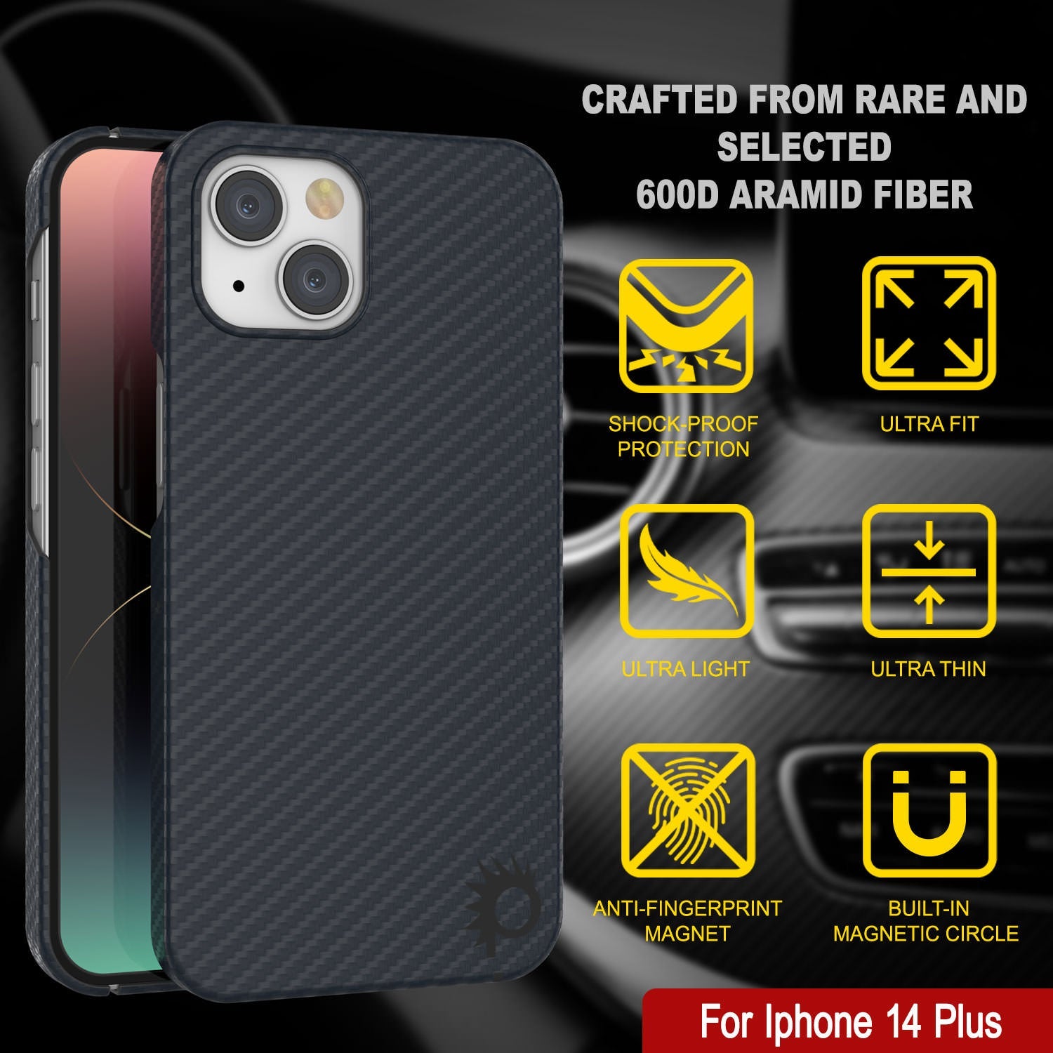 Punkcase for iPhone 14 Plus Carbon Fiber Case [Aramid MagShield Series] Ultra Slim