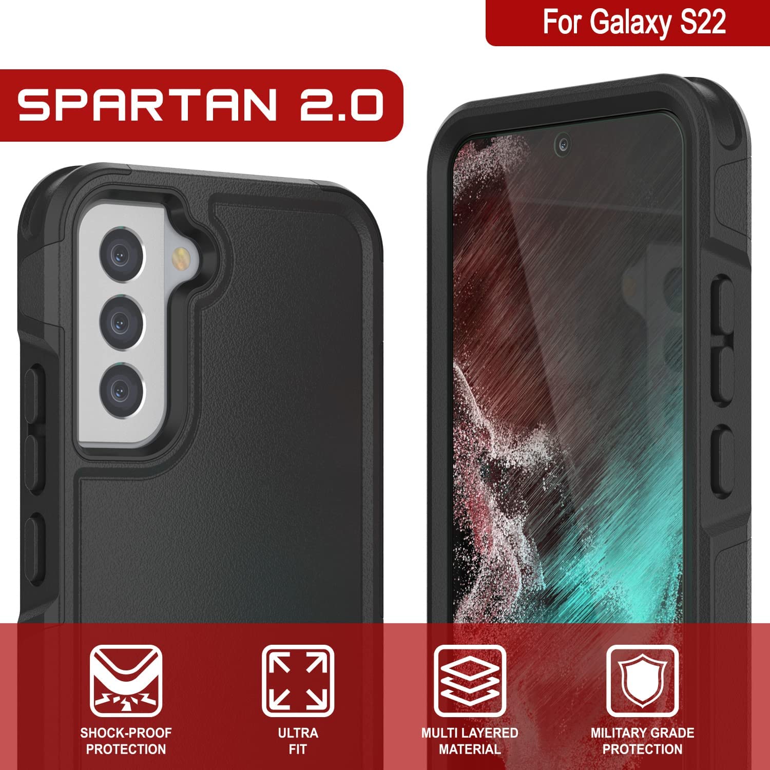 PunkCase Galaxy S22 Case, [Spartan 2.0 Series] Clear Rugged Heavy Duty Cover [Black] 