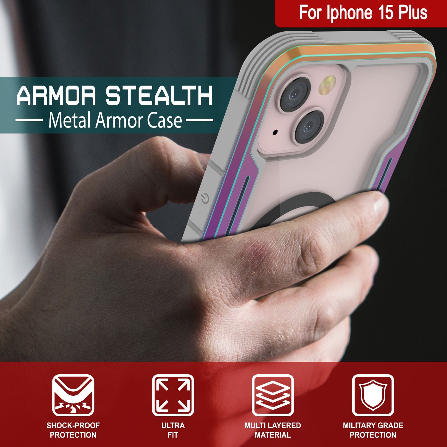 Punkcase iPhone 15 Plus Armor Stealth MAG Defense Case Protective Military Grade Multilayer Cover [Rainbow]