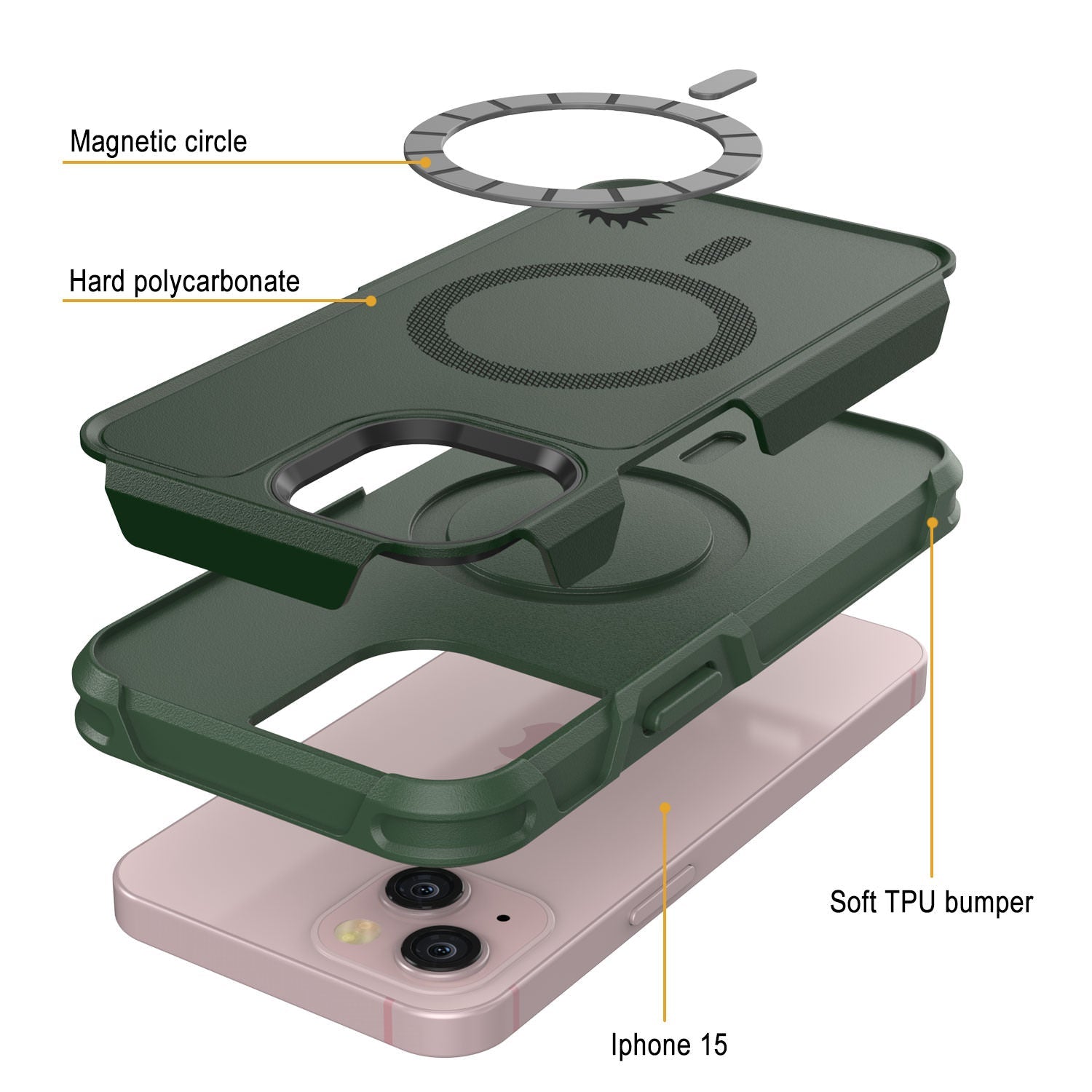 PunkCase iPhone 15 Case, [Spartan 2.0 Series] Clear Rugged Heavy Duty Cover W/Built in Screen Protector [dark green]