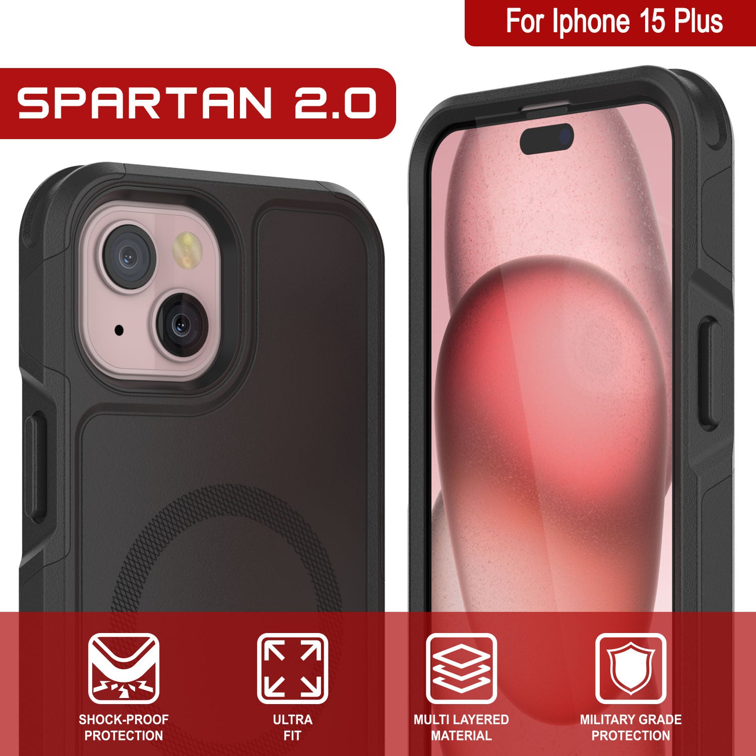 PunkCase iPhone 15 Plus Case, [Spartan 2.0 Series] Clear Rugged Heavy Duty Cover W/Built in Screen Protector [Black]