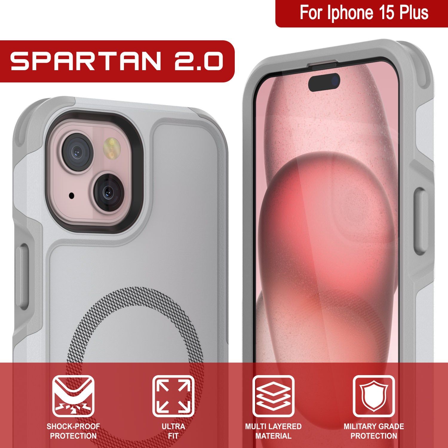 PunkCase iPhone 15 Plus Case, [Spartan 2.0 Series] Clear Rugged Heavy Duty Cover W/Built in Screen Protector [white]