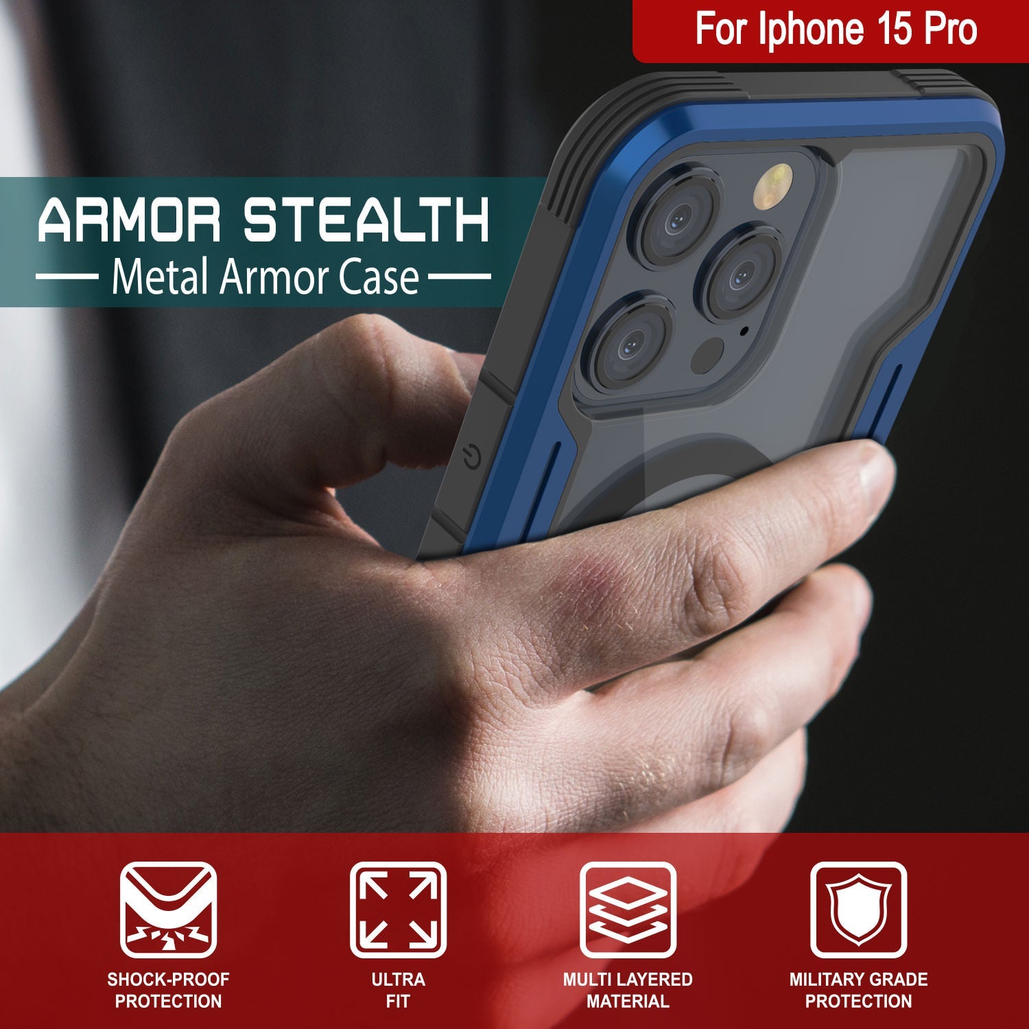 Punkcase iPhone 15 Pro Armor Stealth MAG Defense Case Protective Military Grade Multilayer Cover [Navy Blue]