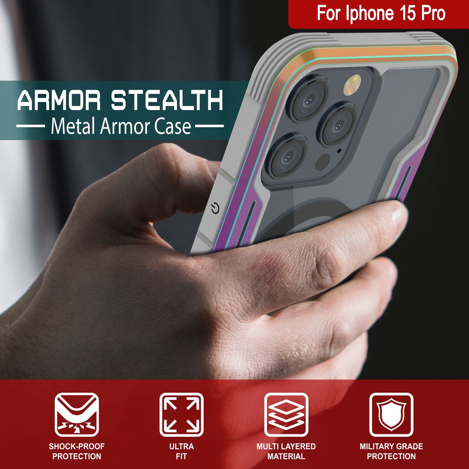 Punkcase iPhone 15 Pro Armor Stealth MAG Defense Case Protective Military Grade Multilayer Cover [Rainbow]