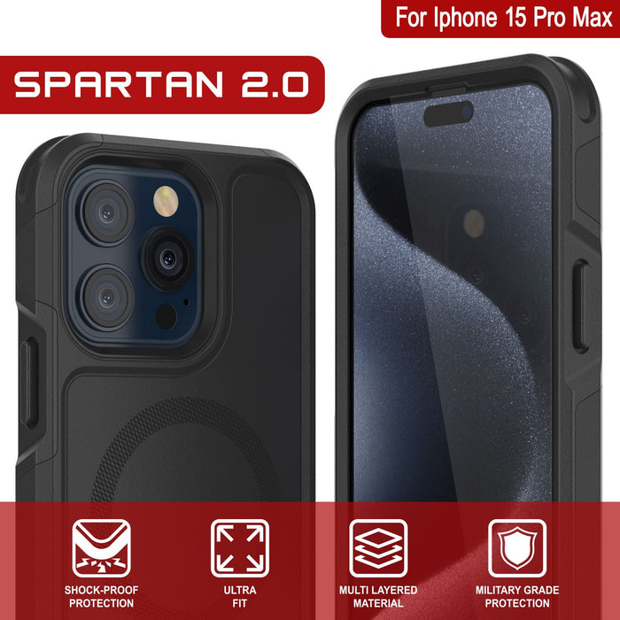 PunkCase iPhone 15 Pro Max Case, [Spartan 2.0 Series] Clear Rugged Heavy Duty Cover W/Built in Screen Protector [Black]
