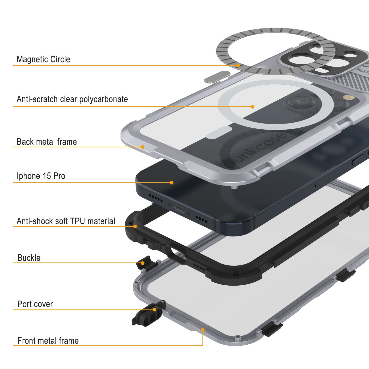 iPhone 15 Pro Metal Extreme 2.0 Series Aluminum Waterproof Case IP68 W/Buillt in Screen Protector [White]