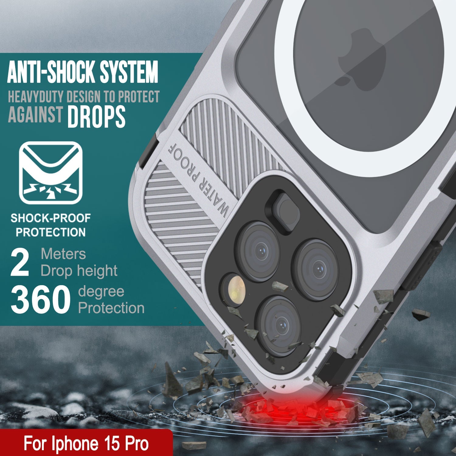 iPhone 15 Pro Metal Extreme 2.0 Series Aluminum Waterproof Case IP68 W/Buillt in Screen Protector [White]