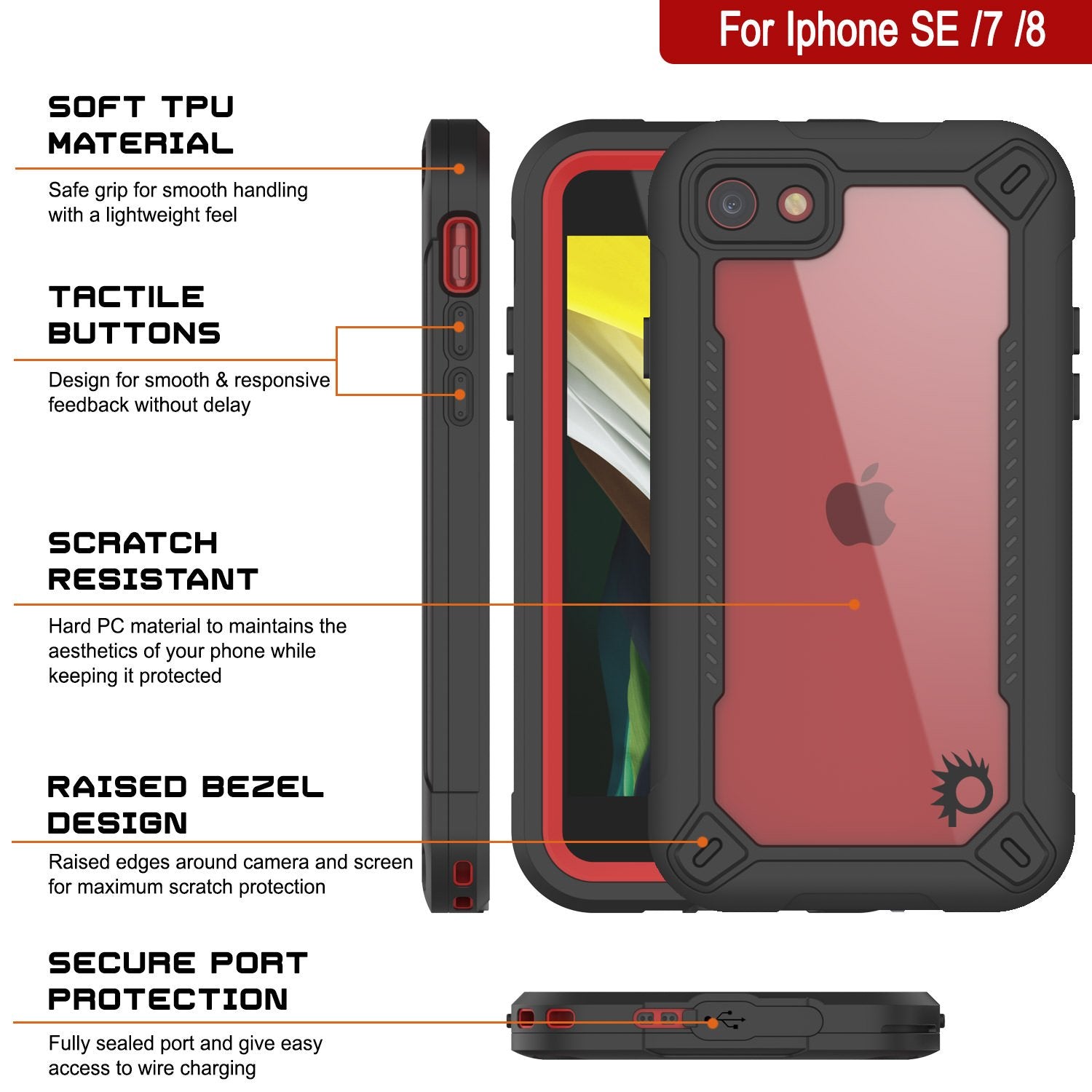 iPhone 8 Waterproof IP68 Case, Punkcase [red]  [Maximus Series] [Slim Fit] [IP68 Certified] [Shockresistant] Clear Armor Cover with Screen Protector | Ultimate Protection