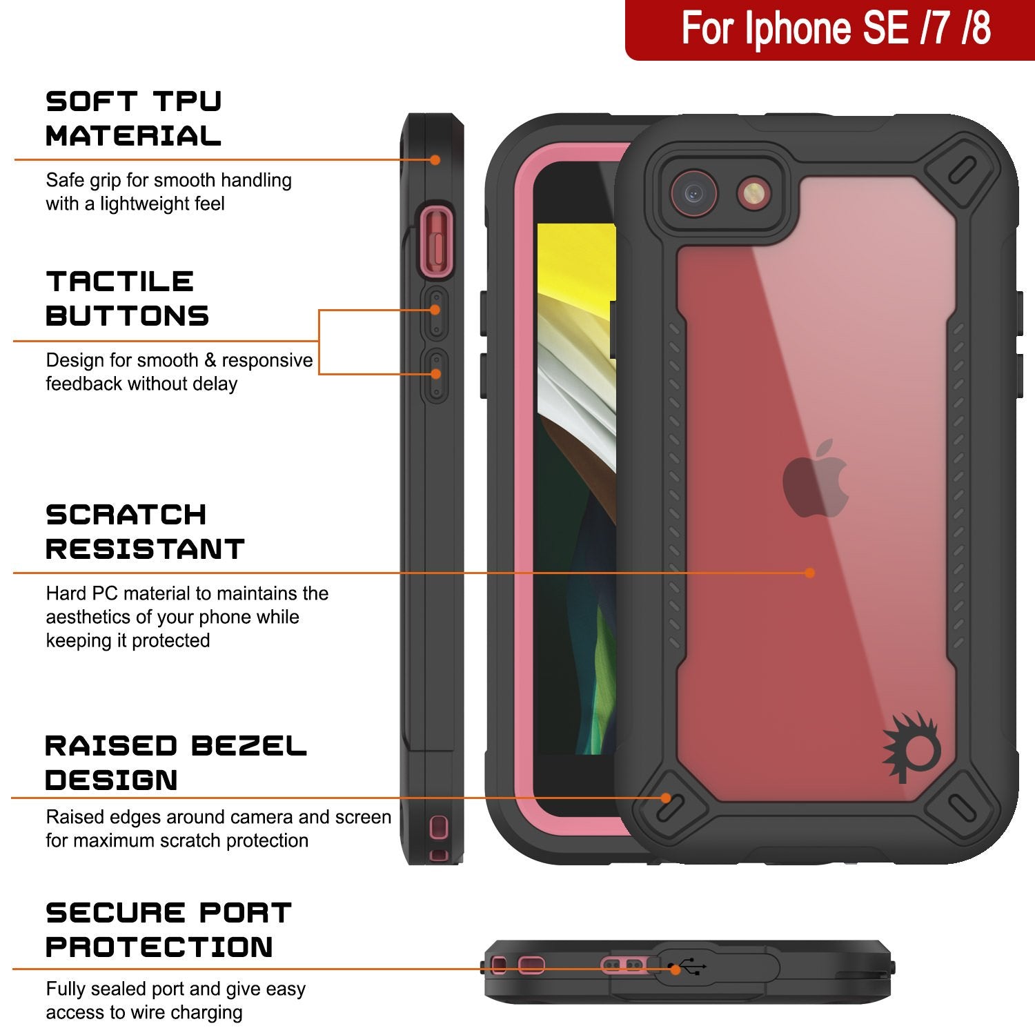 iPhone SE (4.7") Waterproof IP68 Case, Punkcase [pink]  [Maximus Series] [Slim Fit] [IP68 Certified] [Shockresistant] Clear Armor Cover with Screen Protector | Ultimate Protection