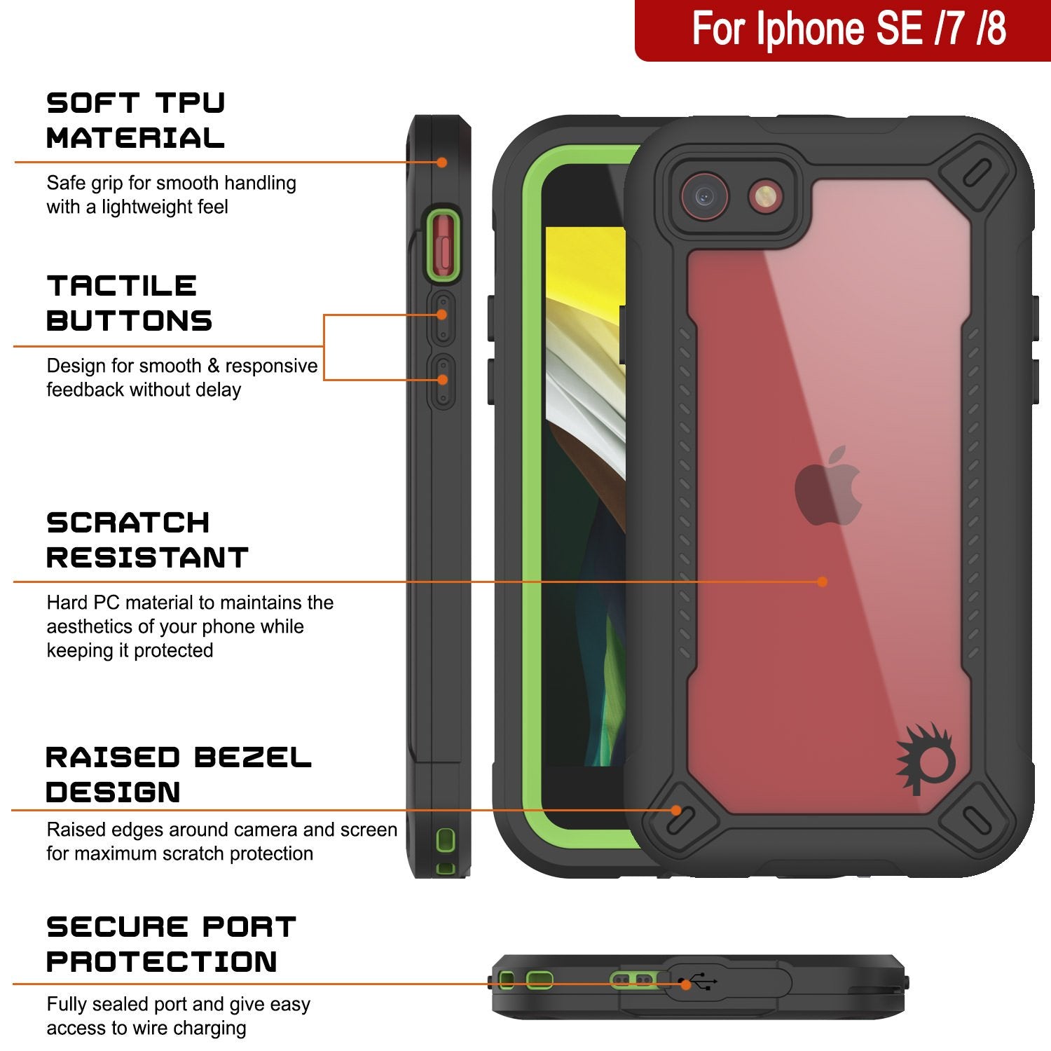 iPhone SE (4.7") Waterproof IP68 Case, Punkcase [Green]  [Maximus Series] [Slim Fit] [IP68 Certified] [Shockresistant] Clear Armor Cover with Screen Protector | Ultimate Protection