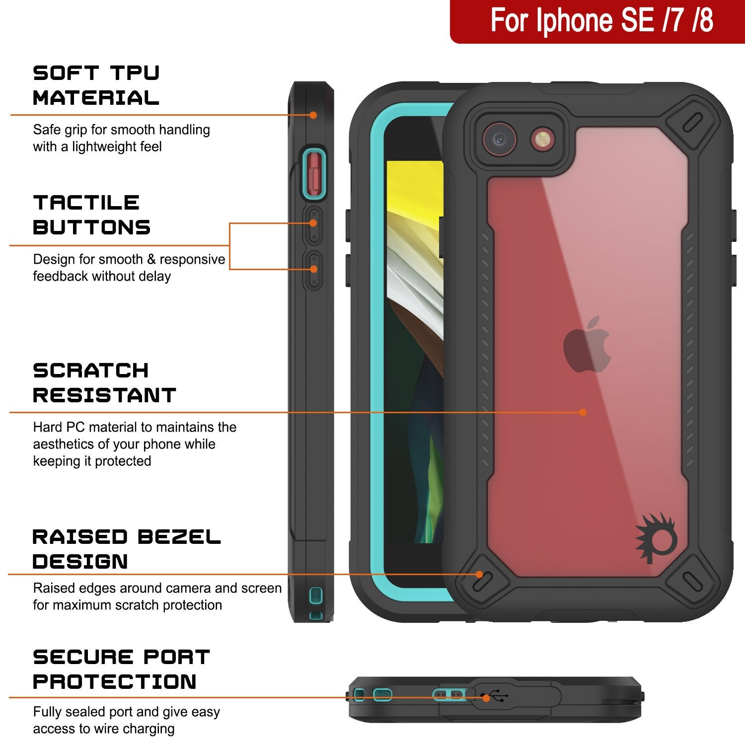 iPhone SE (4.7") Waterproof IP68 Case, Punkcase [teal]  [Maximus Series] [Slim Fit] [IP68 Certified] [Shockresistant] Clear Armor Cover with Screen Protector | Ultimate Protection