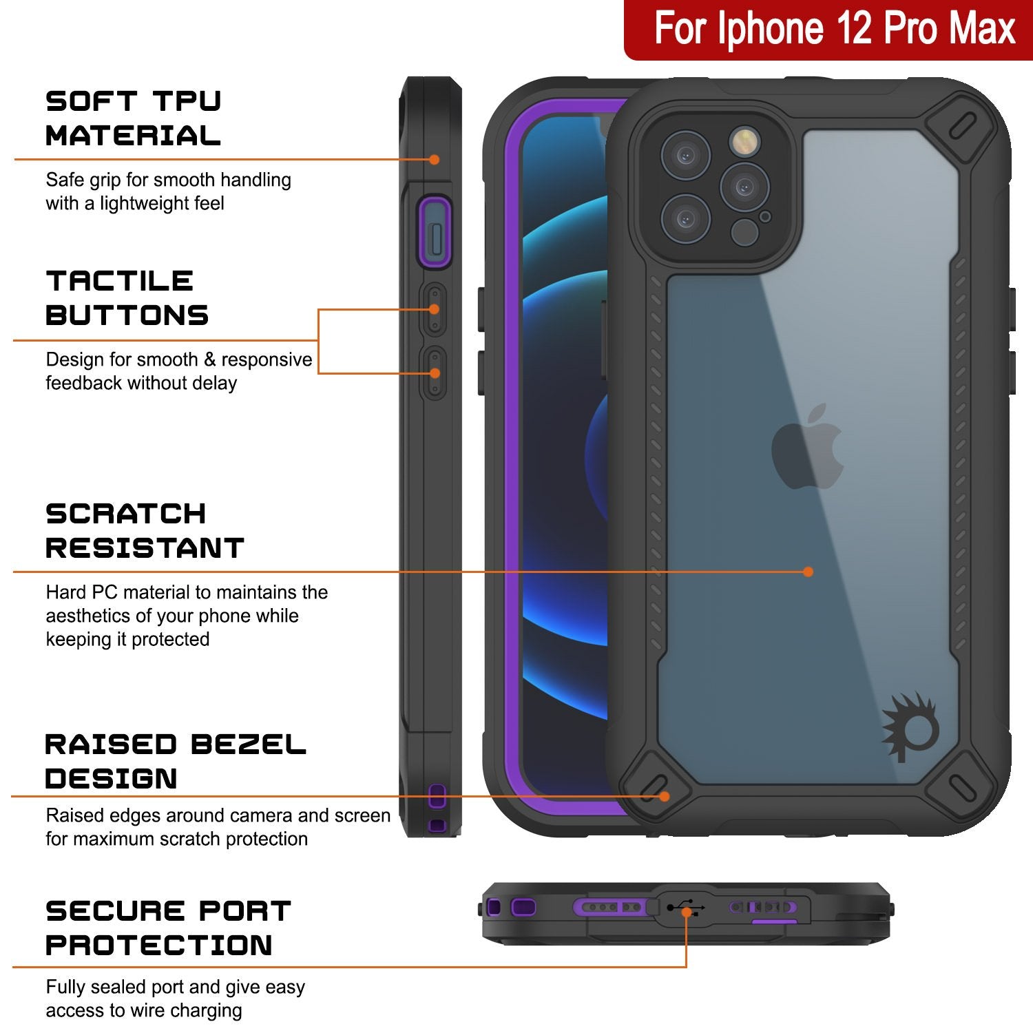 iPhone 12 Pro Max Waterproof IP68 Case, Punkcase [Purple]  [Maximus Series] [Slim Fit] [IP68 Certified] [Shockresistant] Clear Armor Cover with Screen Protector | Ultimate Protection