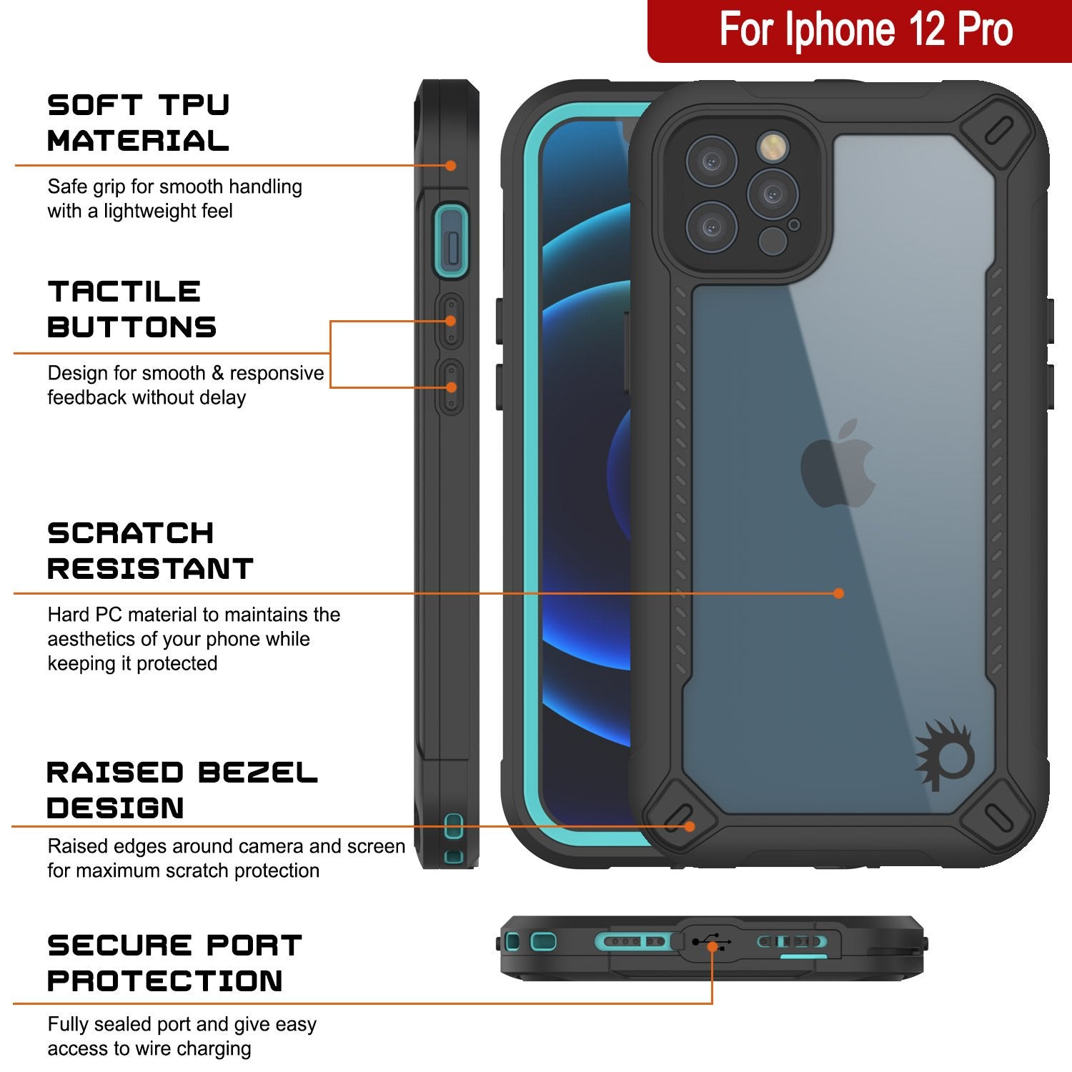 iPhone 12 Pro Waterproof IP68 Case, Punkcase [teal]  [Maximus Series] [Slim Fit] [IP68 Certified] [Shockresistant] Clear Armor Cover with Screen Protector | Ultimate Protection