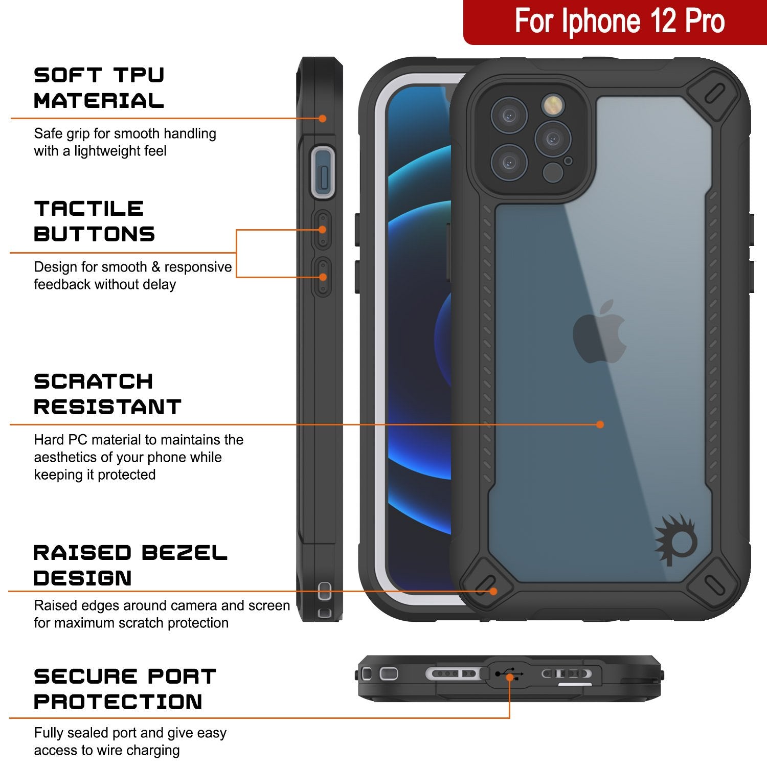 iPhone 12 Pro Waterproof IP68 Case, Punkcase [white]  [Maximus Series] [Slim Fit] [IP68 Certified] [Shockresistant] Clear Armor Cover with Screen Protector | Ultimate Protection