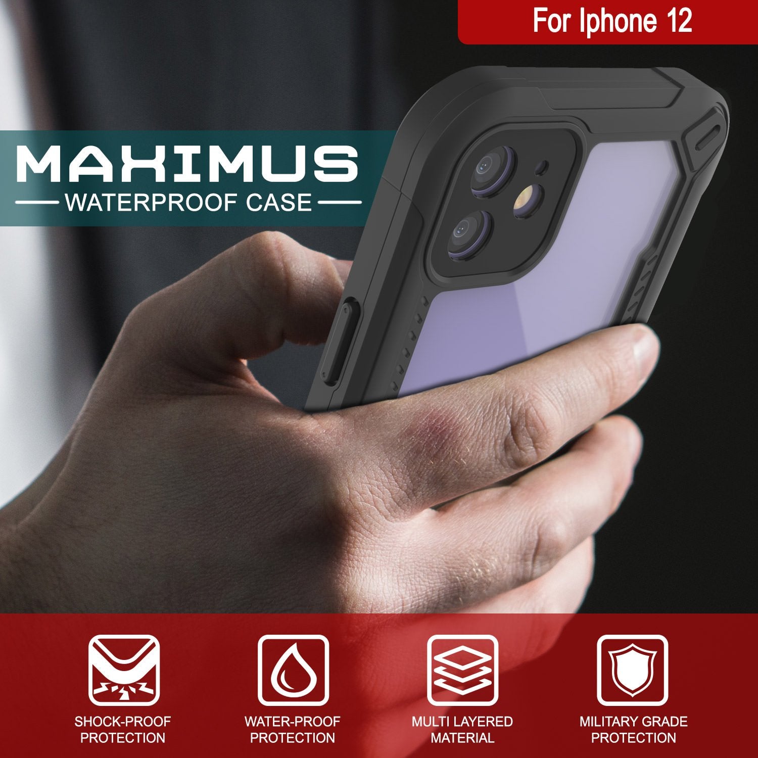 iPhone 12 Waterproof IP68 Case, Punkcase [Black]  [Maximus Series] [Slim Fit] [IP68 Certified] [Shockresistant] Clear Armor Cover with Screen Protector | Ultimate Protection