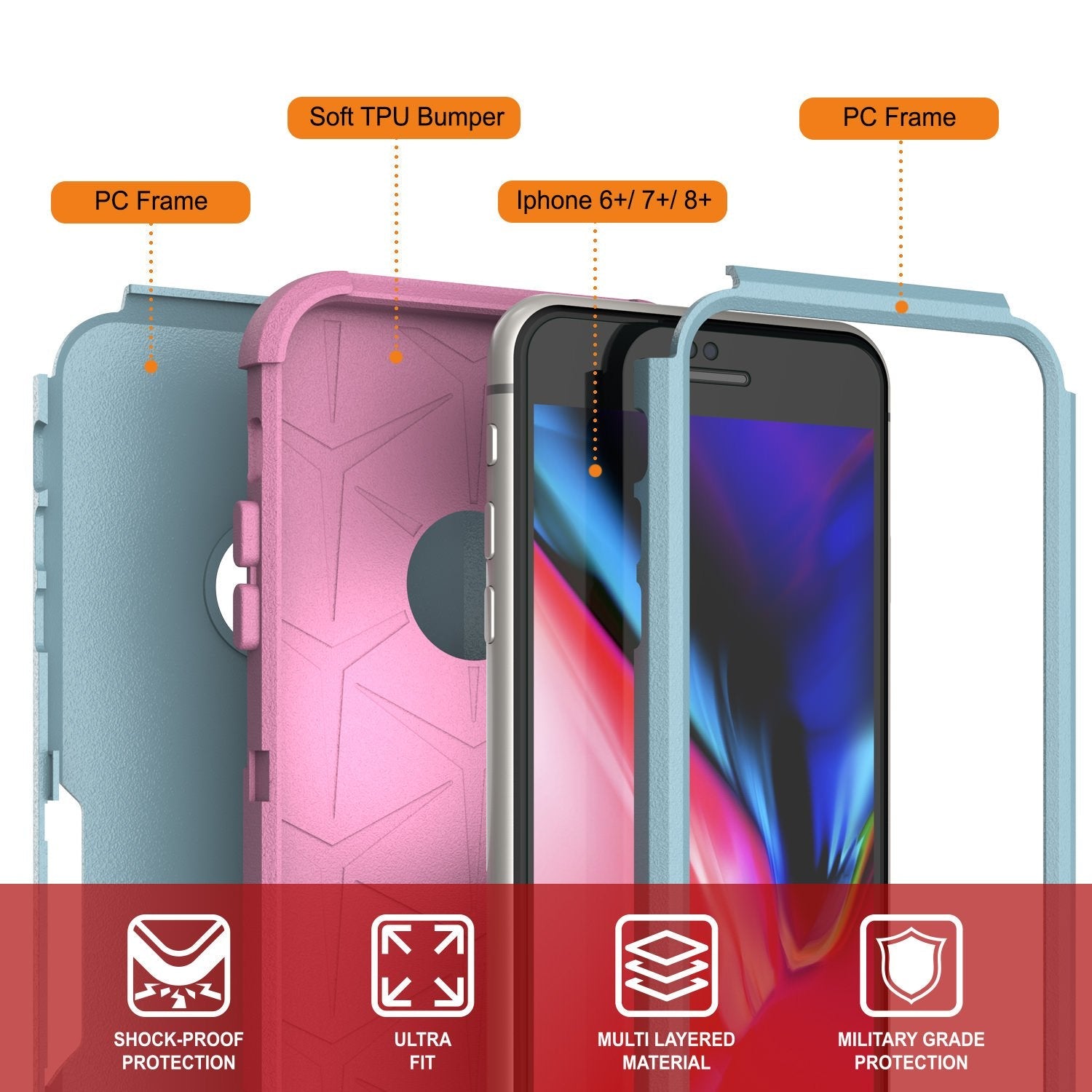 Punkcase for iPhone 8+ Plus Belt Clip Multilayer Holster Case [Patron Series] [Mint-Pink] (Color in image: Black)