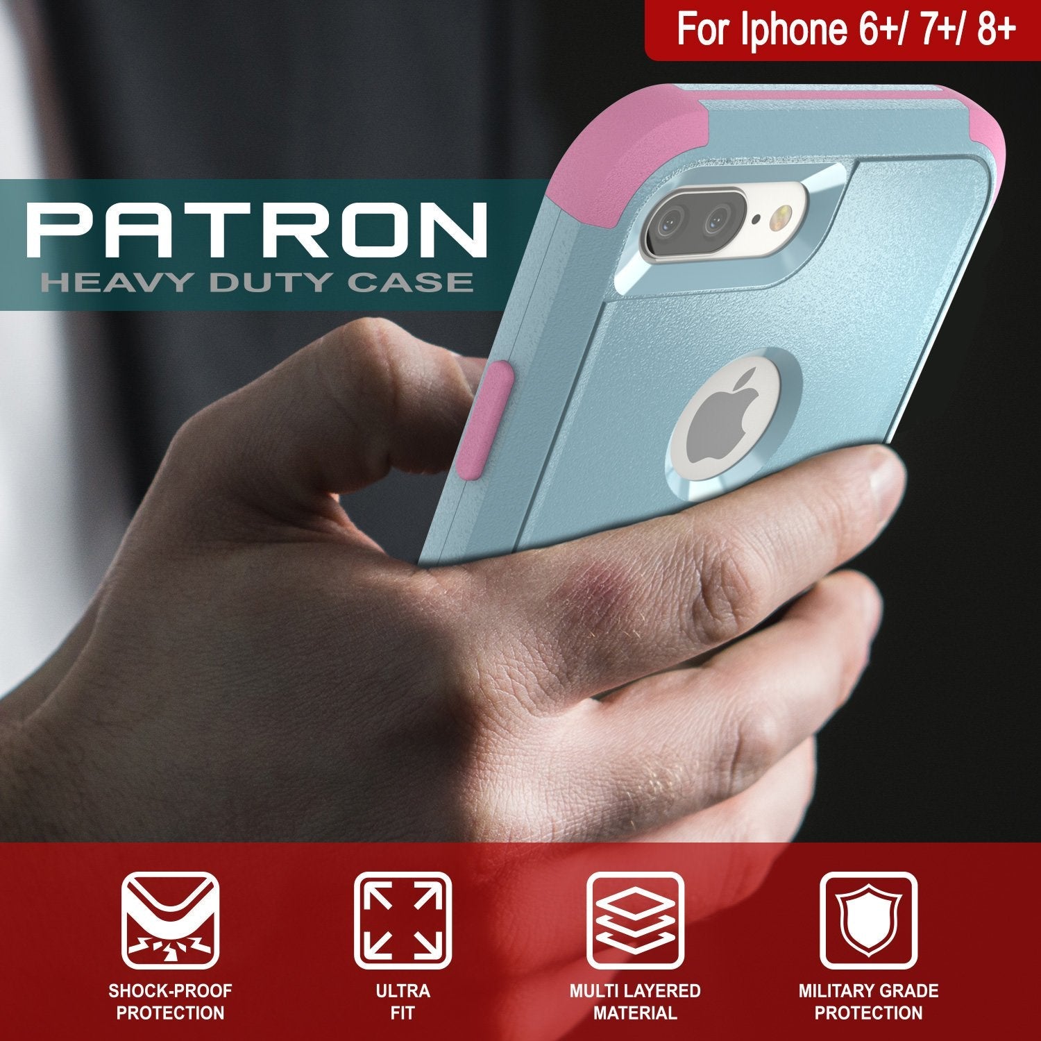 Punkcase for iPhone 8+ Plus Belt Clip Multilayer Holster Case [Patron Series] [Mint-Pink] (Color in image: Red-Black)