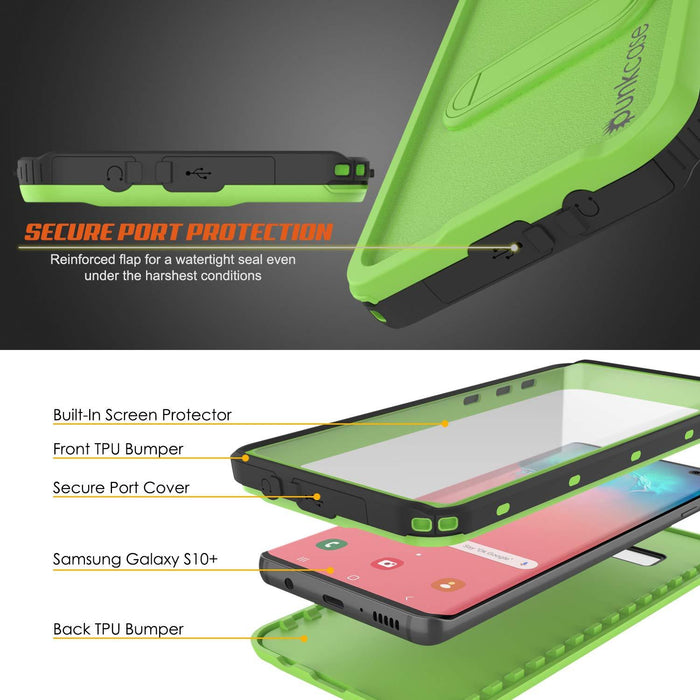 Galaxy S10+ Plus Waterproof Case, Punkcase [KickStud Series] Armor Cover [Light Green] (Color in image: White)