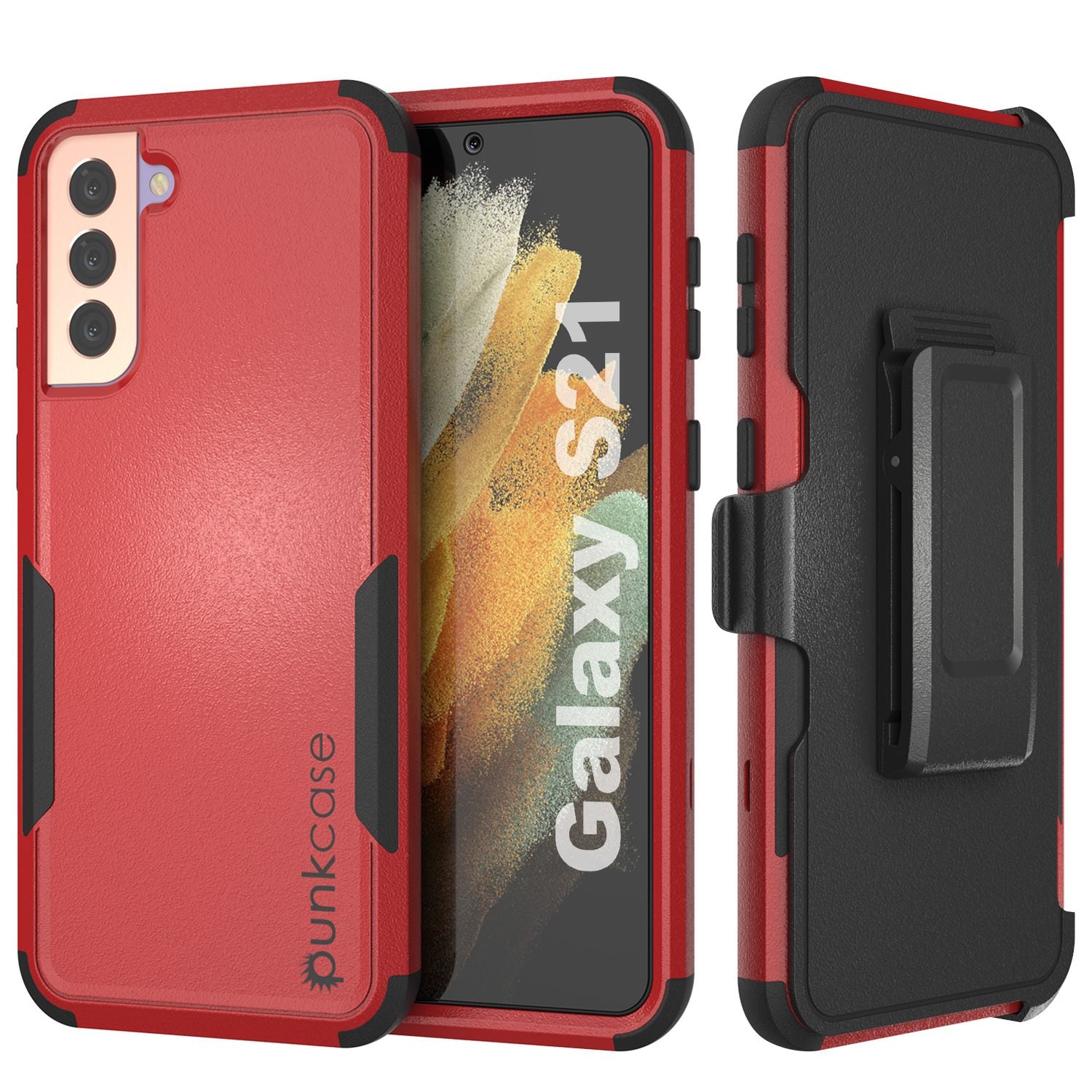 Punkcase for Galaxy S21 5G Belt Clip Multilayer Holster Case [Patron Series] [Red-Black]