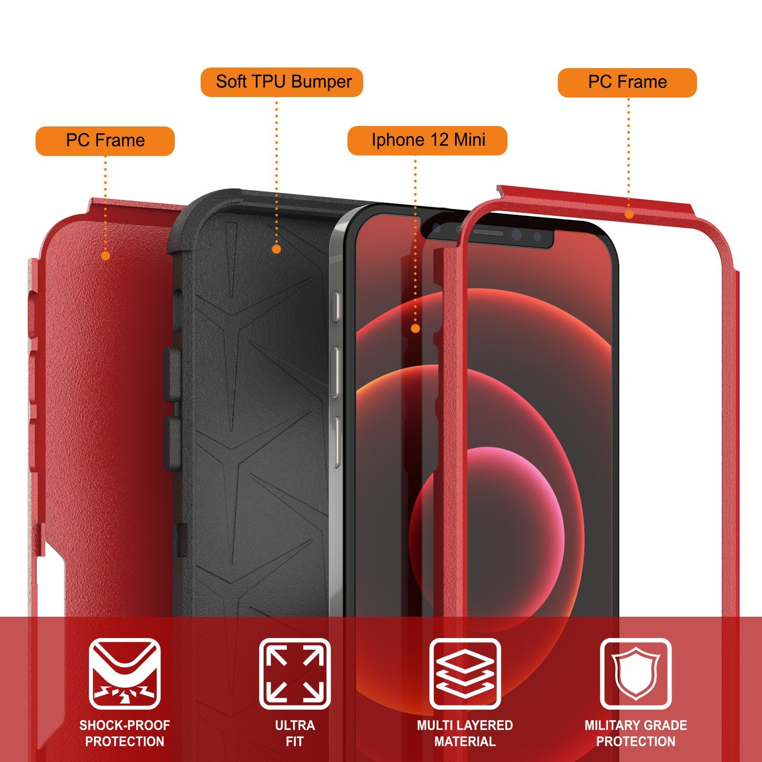 Punkcase for iPhone 12 Mini Belt Clip Multilayer Holster Case [Patron Series] [Red-Black]