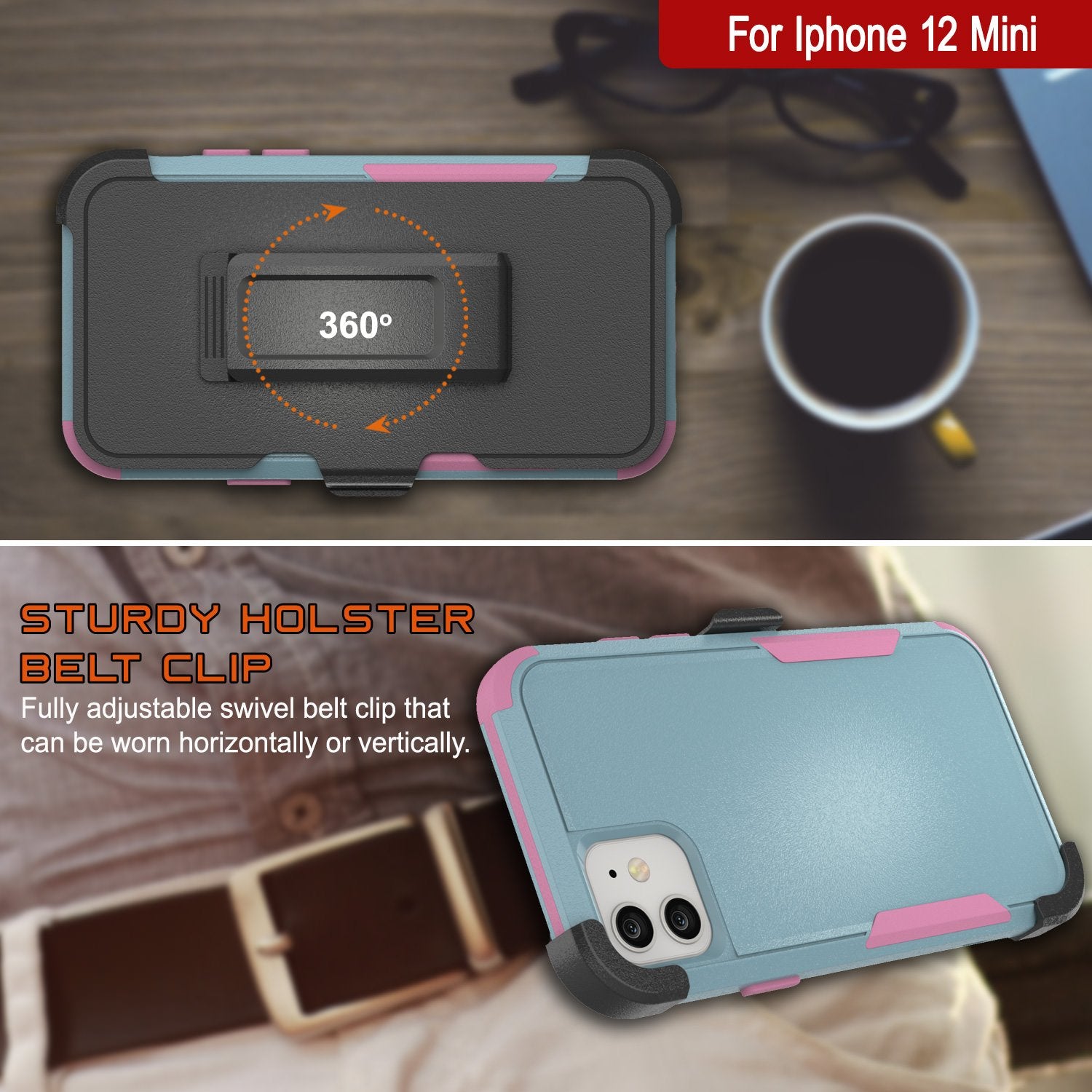 Punkcase for iPhone 12 Mini Belt Clip Multilayer Holster Case [Patron Series] [Mint-Pink]