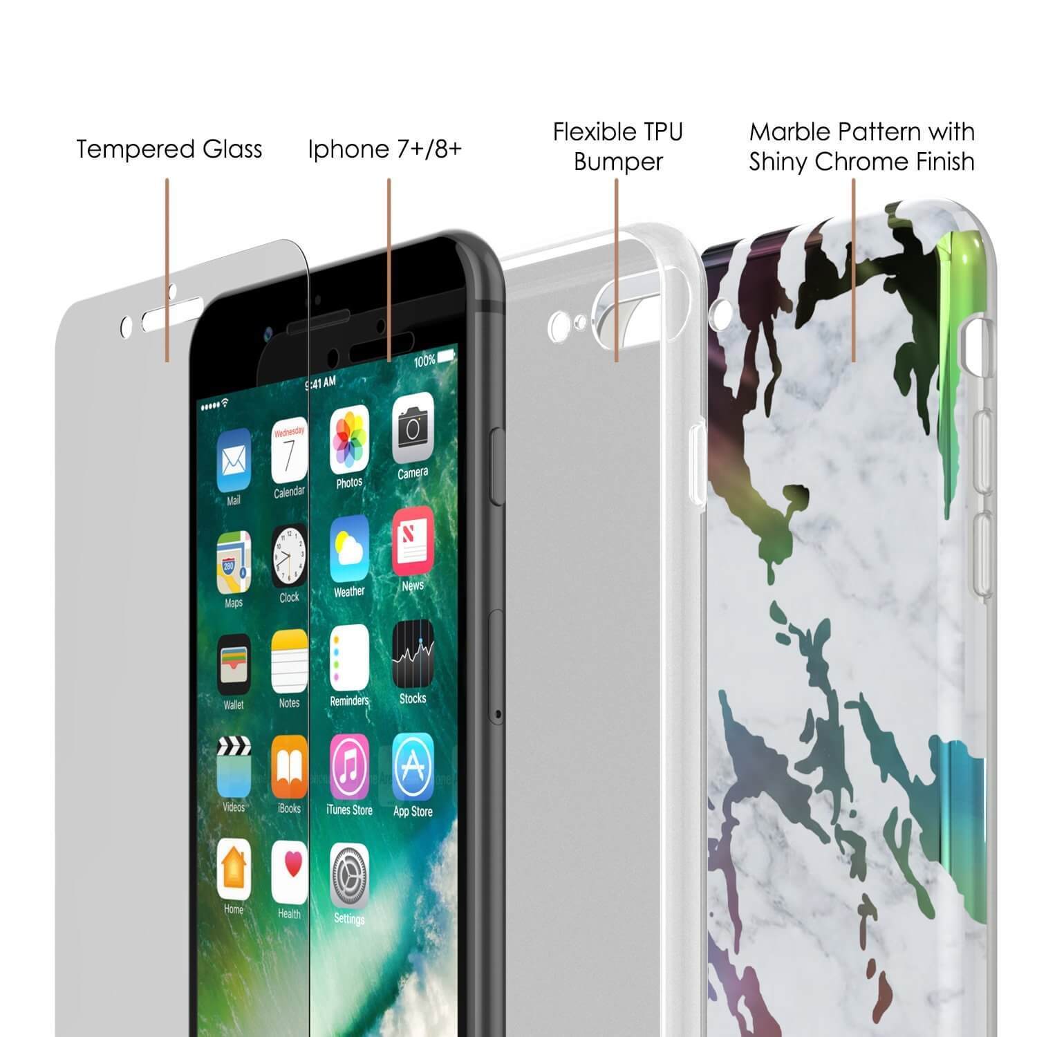 Punkcase iPhone 8+ / 7+ Plus Marble Case, Protective Full Body Cover W/9H Tempered Glass Screen Protector (Blanco Marmo) (Color in image: Teal Onyx)