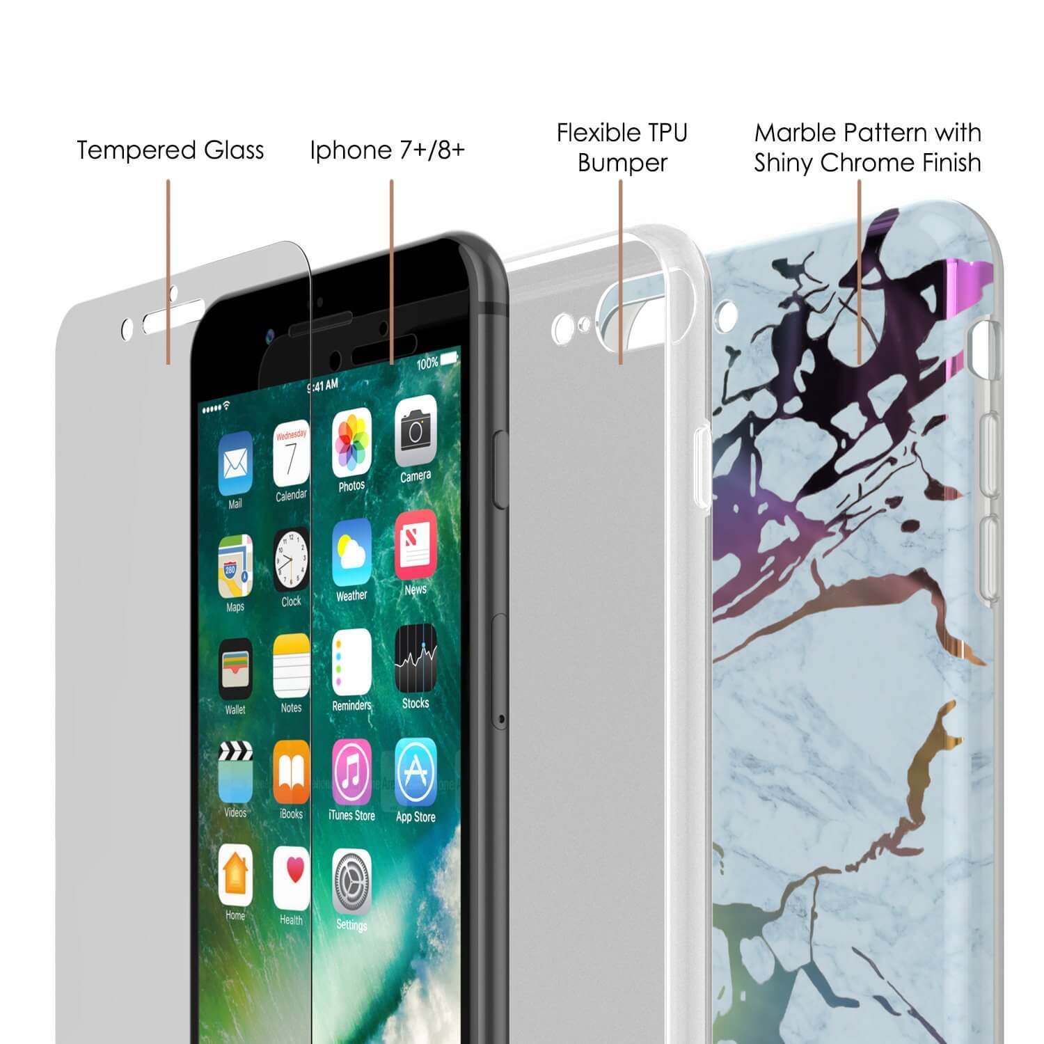 Punkcase iPhone 8+ / 7+ Plus Marble Case, Protective Full Body Cover W/9H Tempered Glass Screen Protector (Blue Marmo) (Color in image: Rose Mirage)