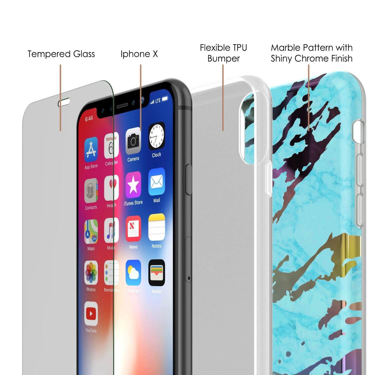 Punkcase iPhone X Marble Case, Protective Full Body Cover W/9H Tempered Glass Screen Protector (Teal Onyx) (Color in image: Blanco Marmo)