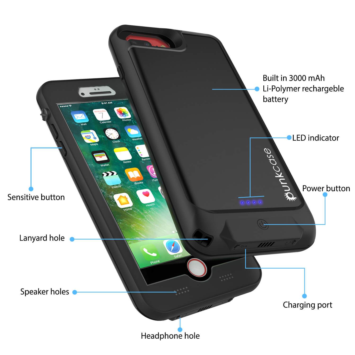 PunkJuice iPhone 7 Battery Case Black - Waterproof Slim Power Juice Bank with 2750mAh 