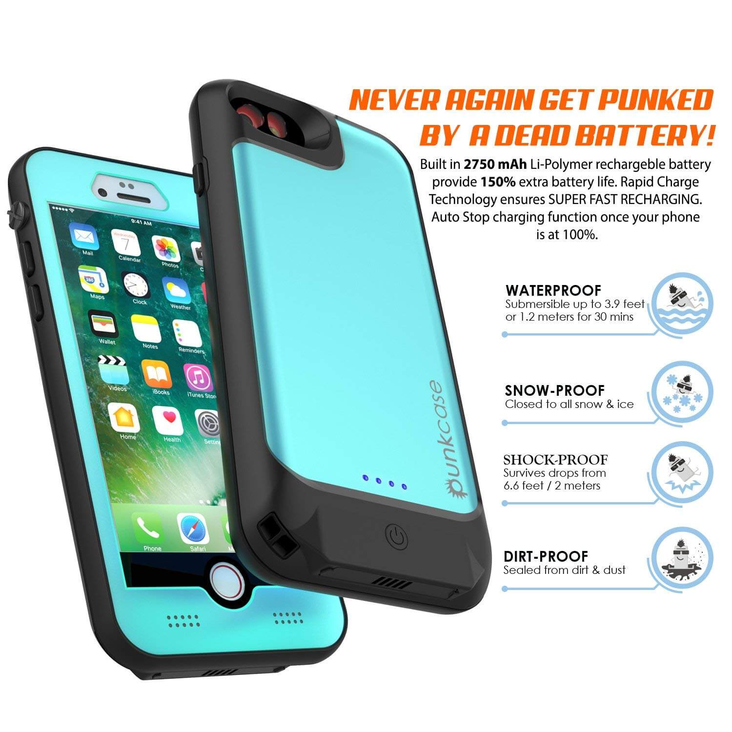 PunkJuice iPhone 7 Battery Case Teal - Waterproof Slim Power Juice Bank with 2750mAh 