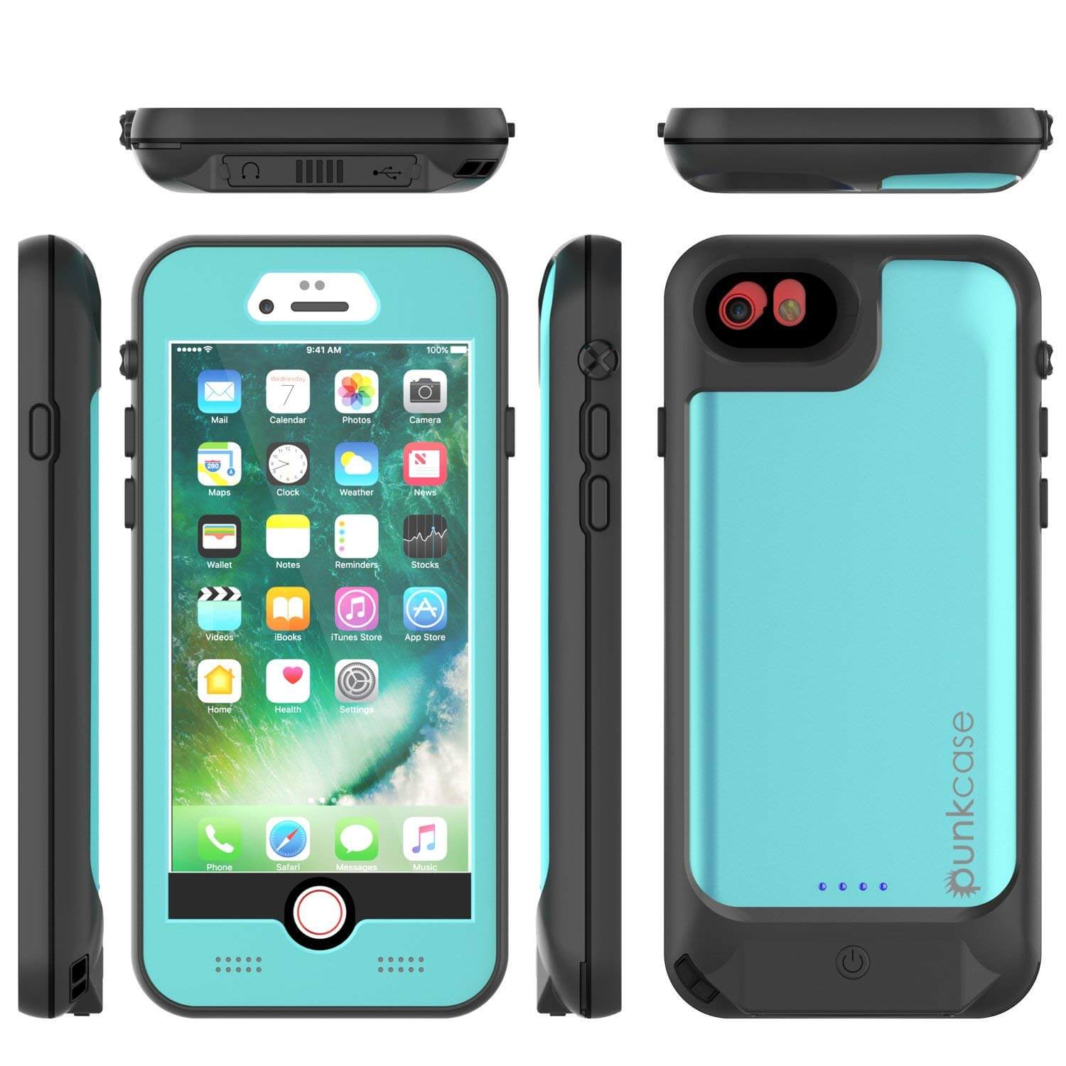 PunkJuice iPhone 8/7 Battery Case Teal - Waterproof Slim Power Juice Bank with 2750mAh 