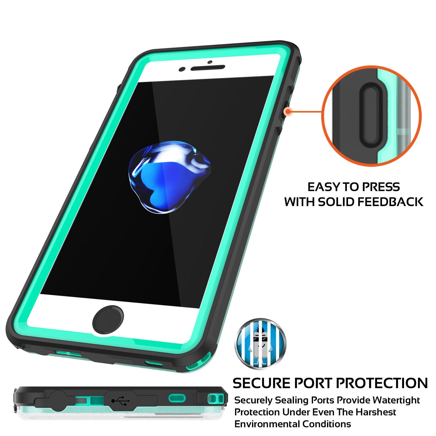 EASY TO PRESS WITH SOLID FEEDBACK SECURE PORT PROTECTION Securely Sealing Ports Provide Watertight ' Protection Under Even The Harshest Environmental Conditions (Color in image: light green)