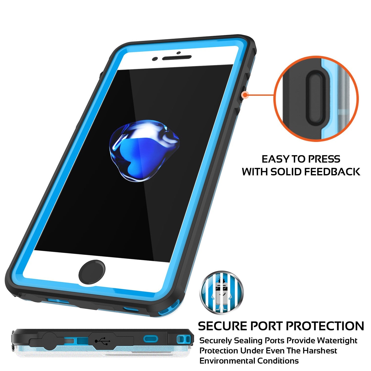 EASY TO PRESS WITH SOLID FEEDBACK SECURE PORT PROTECTION Securely Sealing Ports Provide Watertight Protection Under Even The Harshest Environmental Conditions (Color in image: teal)