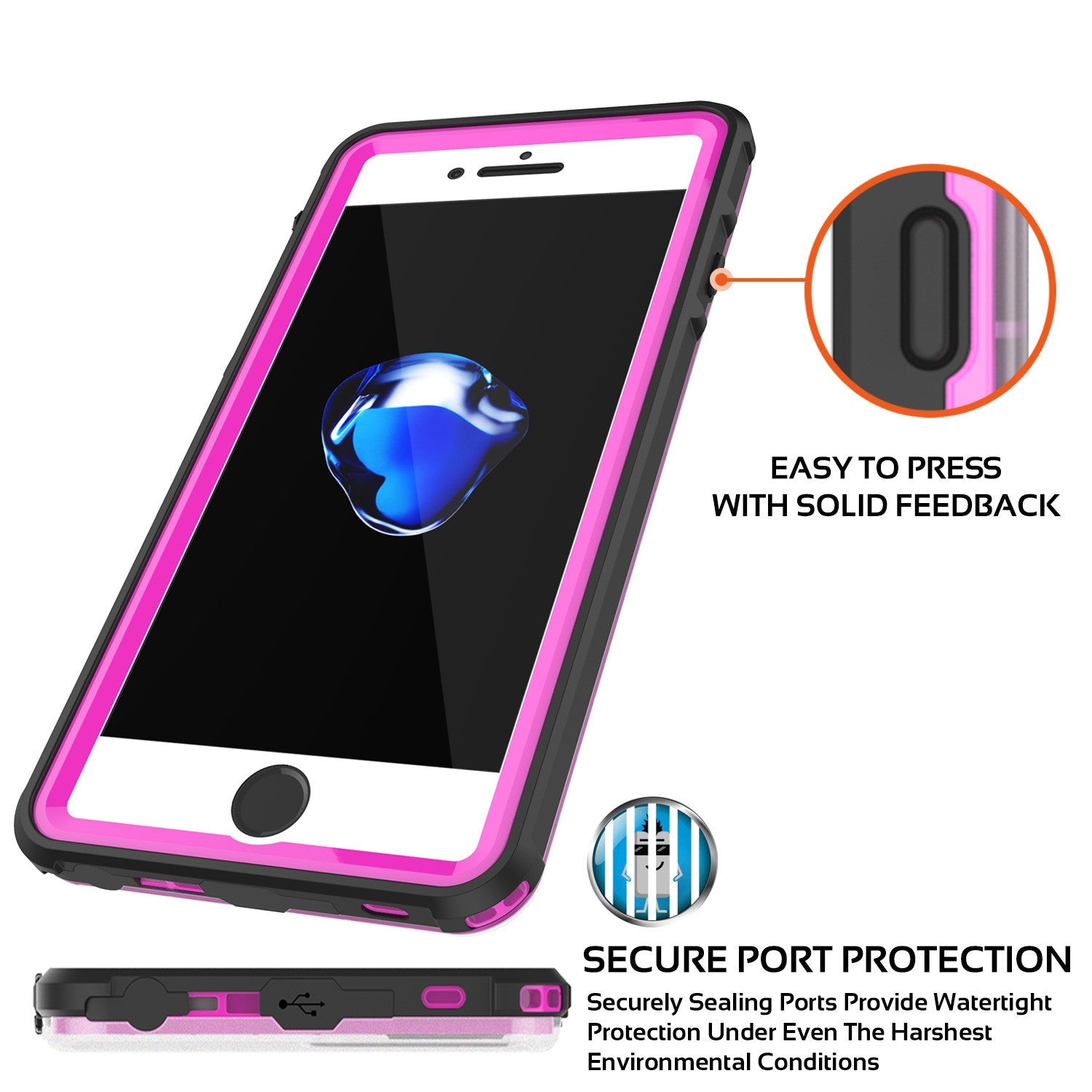 EASY TO PRESS WITH SOLID FEEDBACK SECURE PORT PROTECTION Securely Sealing Ports Provide Watertight ' Protection Under Even The Harshest Environmental Conditions (Color in image: red)